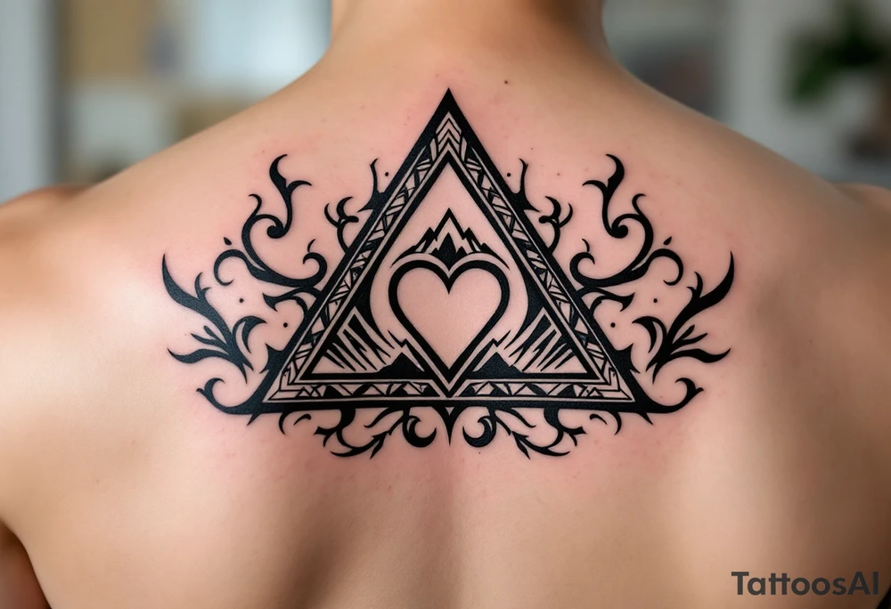 A triangle with a big heart in the cente with a mountain theme tattoo idea