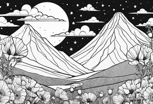 outline, fine line, stars, moon, poppy, vertical, spine tattoo idea