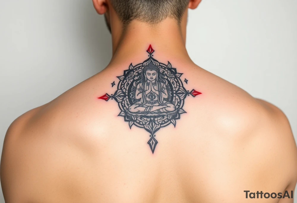"Tibetan thangka tattoo. Geometric patterns, black/red ink." tattoo idea