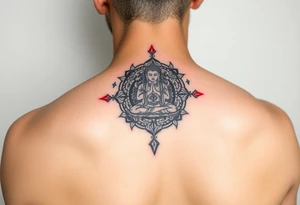 "Tibetan thangka tattoo. Geometric patterns, black/red ink." tattoo idea