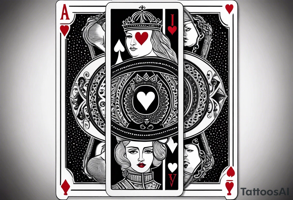 one playing card with both queen of hearts and king of spades in extreme minimalistic  style tattoo idea