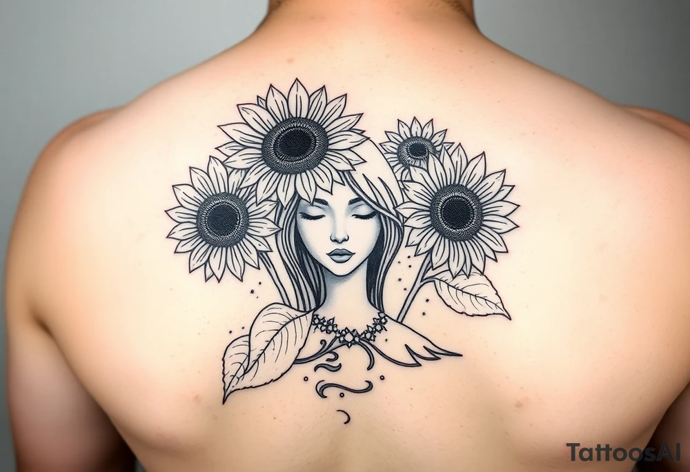 Sunflowers emerging from ocean with faceless girl tattoo idea