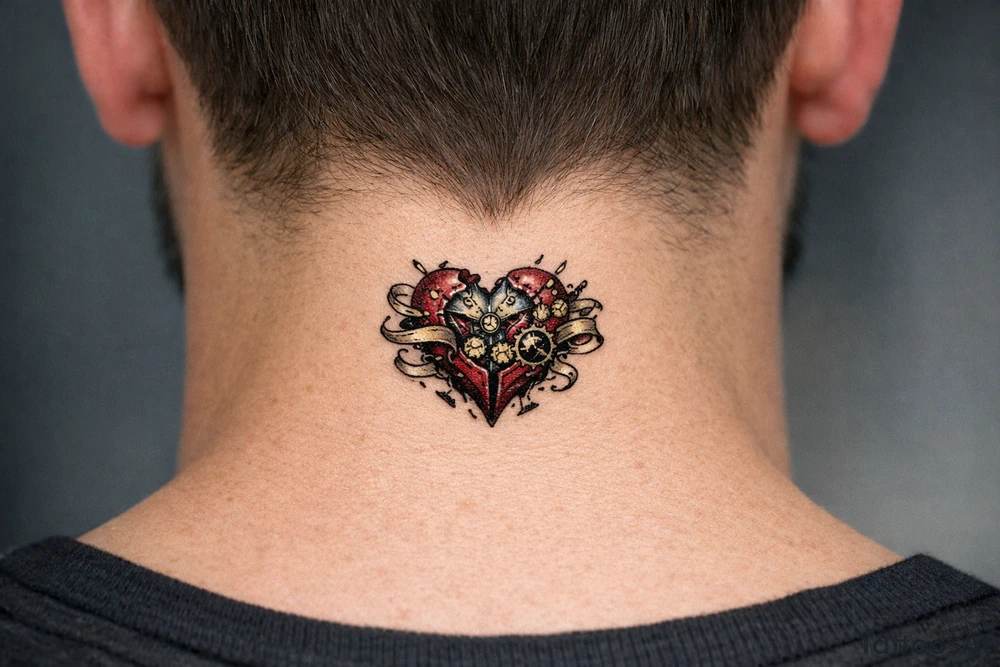 Surreal heart with clockwork gears breaking apart, script entwined. tattoo idea