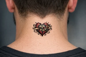 Surreal heart with clockwork gears breaking apart, script entwined. tattoo idea