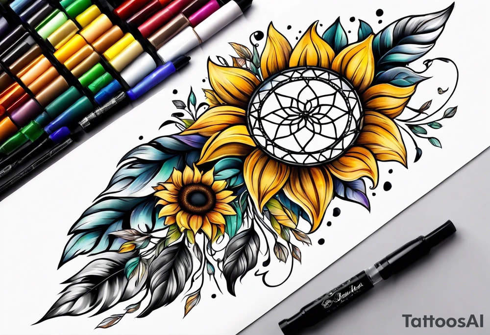 Dreamcatcher and sunflowers forearm sleeve tattoo idea