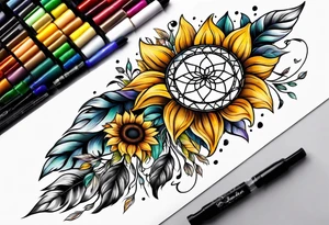 Dreamcatcher and sunflowers forearm sleeve tattoo idea