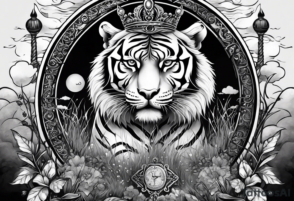 A tiger with a crown on the top with a third eye hourglass with a brain inside of the hourglass, covered in clouds, on the bottom of the hourglass, a heart covered in grass, a full detailed arm sleeve tattoo idea