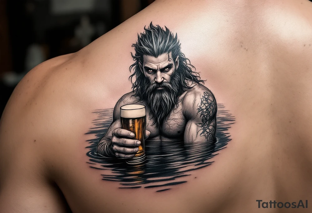 young, fit poseidon in calm water, holding a trident, holding a beer, looking at you tattoo idea