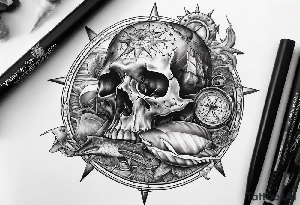 Nautical pirate themed compass surrounded by a skull, oyster with pearl, shark and starfish tattoo idea