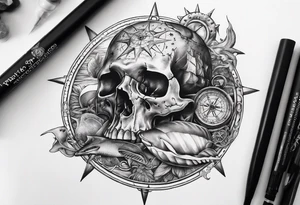 Nautical pirate themed compass surrounded by a skull, oyster with pearl, shark and starfish tattoo idea