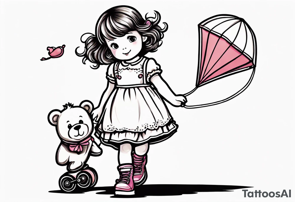 a little girl in a dress standing with a teddy bear in roller skates, flying a kite tattoo idea