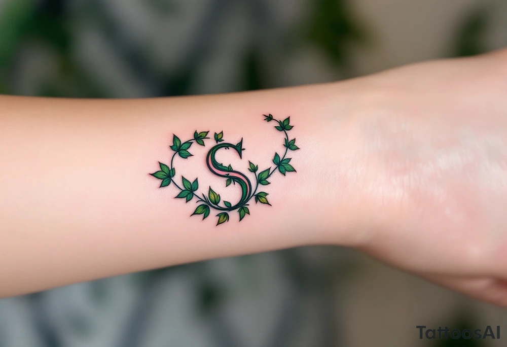 A pinky "S" entwined with green ivy leaves, symbolizing growth and elegance. tattoo idea