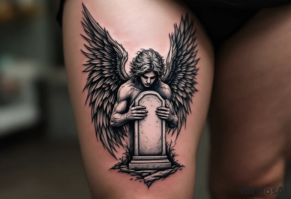 Angel holding headstone with large wings tattoo idea