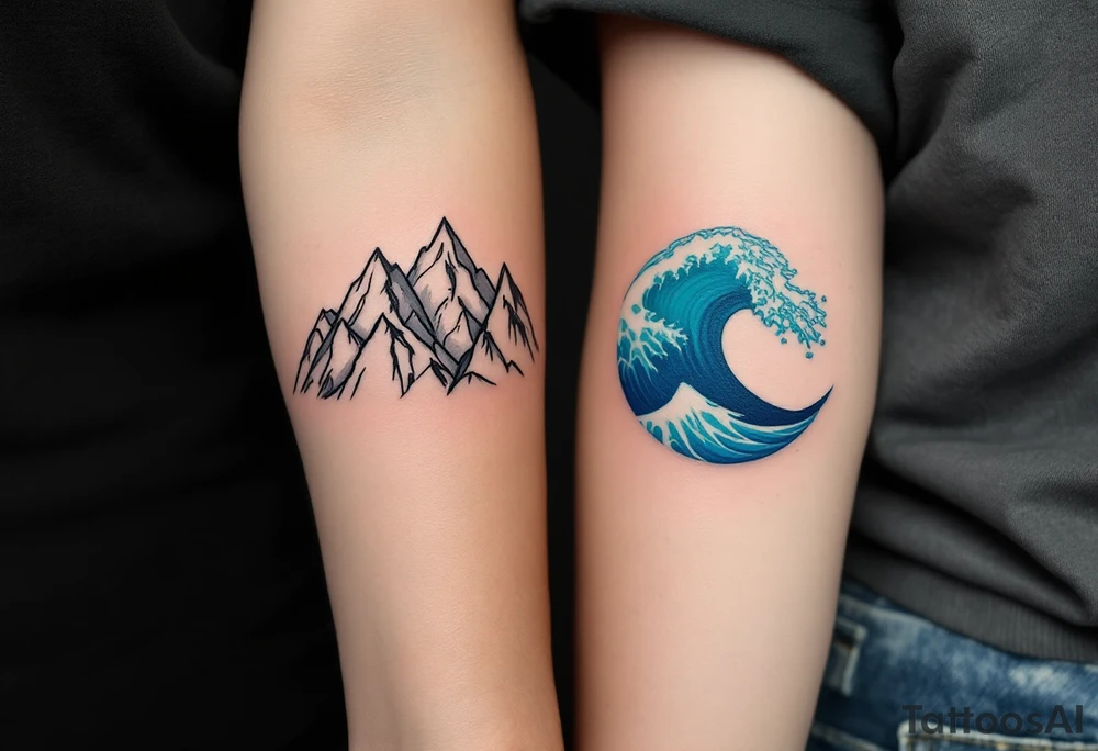 One wears a mountain range in earthy gray tones, and the other an ocean wave in blue and teal, representing strength and flow. tattoo idea