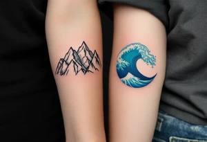 One wears a mountain range in earthy gray tones, and the other an ocean wave in blue and teal, representing strength and flow. tattoo idea