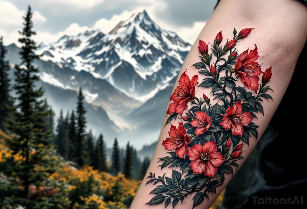 red  and black rhododendron trippy with Himalayas behind tattoo idea