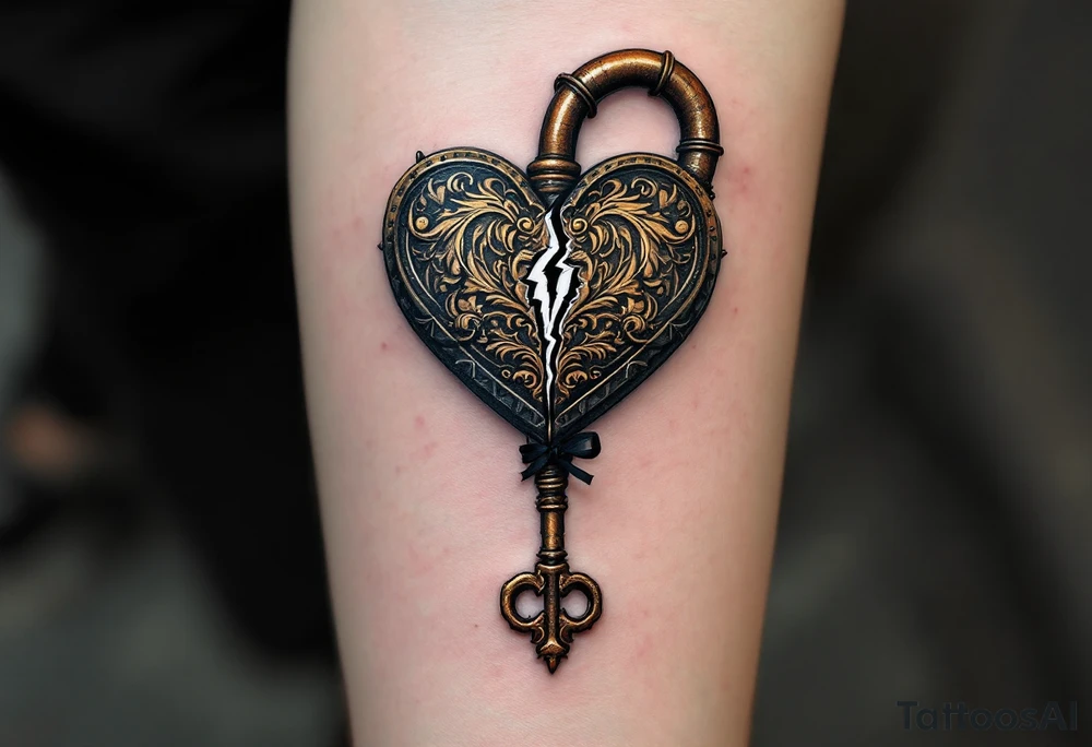 A vintage heart-shaped lock with intricate baroque detailing, cracked slightly at the center, paired with a rusted skeleton key wrapped in a thin black ribbon. The lock is shaded in antique gold and deep bronze, while the key has accents of dark silver and aged steel. tattoo idea