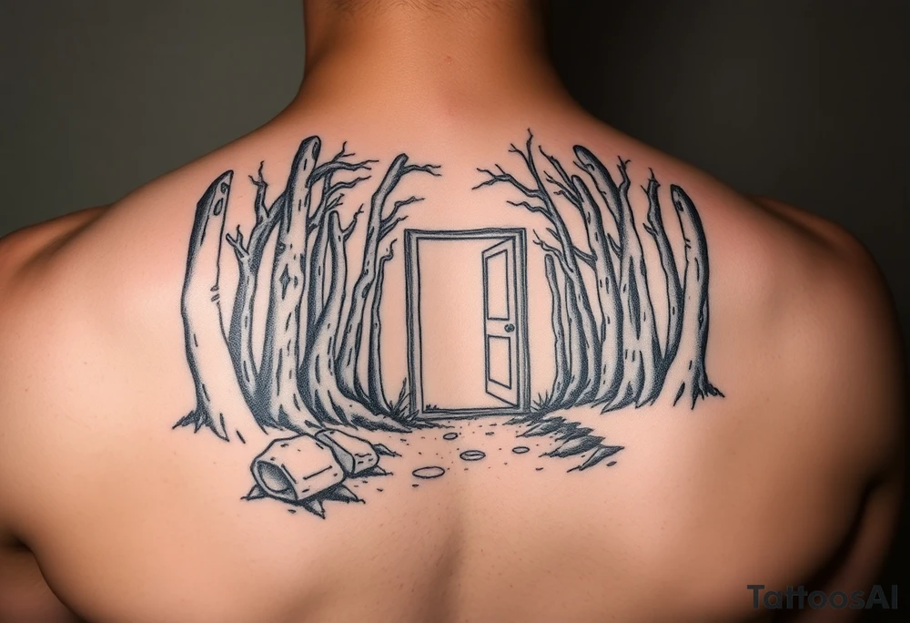 A wooded area with a doorway that is slightly ajar, leading to space tattoo idea