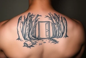 A wooded area with a doorway that is slightly ajar, leading to space tattoo idea