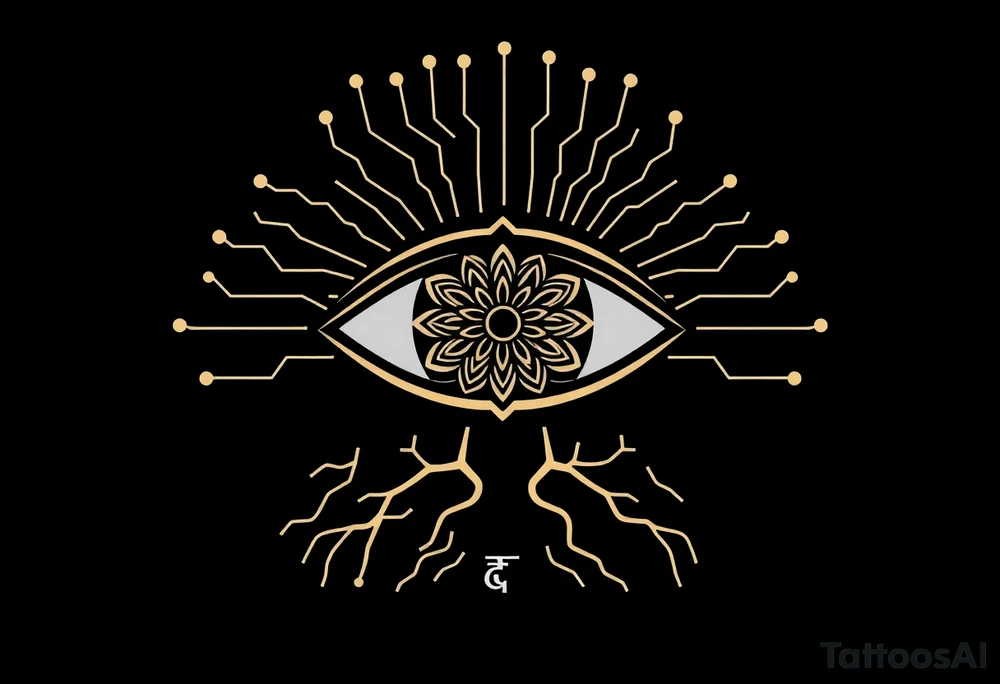Central Element: A large, stylized eye is the focal point.
	•	The iris of the eye is filled with a mandala pattern, symbolizing depth, balance, and inner awareness.
	•	The lines are fine and clean, forming symmetrical layers and floral-like geometry within the mandala.
	•	Upper Design: From the top of the eye extend circuit-like branches, mimicking electronic pathways.
	•	These lines rise vertically and diagonally in symmetrical fashion, ending in rounded circuit nodes, representing intelligence, logic, and the digital mind.
	•	Lower Design: From the bottom of the eye extend natural tree roots.
	•	These branches flow organically and curve outward, grounding the symbol with themes of nature, growth, and spiritual connection.
	•	Text Element: Below the tree roots is the word “σοφία” in Ancient Greek, meaning wisdom.
	•	The font is clean and classical, giving it a timeless, philosophical presence.
	•	Religious Symbol: Directly below the Greek word is a simple, black cross.
	•	The cross is thin, minimal, and vertically aligned with the center of the eye, representing faith, spirituality, or divine guidance.
	•	Placement: on the back tattoo idea