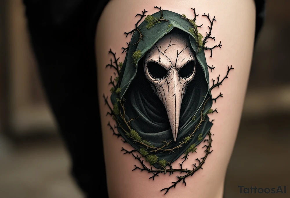 Plague Doctor with Thorned Vines – A mysterious plague doctor with tipical long nose mask cloaked in dark green and black, with thorny vines creeping over the robe and mask, symbolizing death and rebirth. The mask is cracked, with moss growing in its crevices. tattoo idea