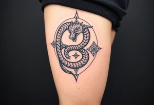 Ouroboros or dragon/serpent/snake eating its own tail in a figure 8 in negative space with geometric patterns LARGE tattoo idea