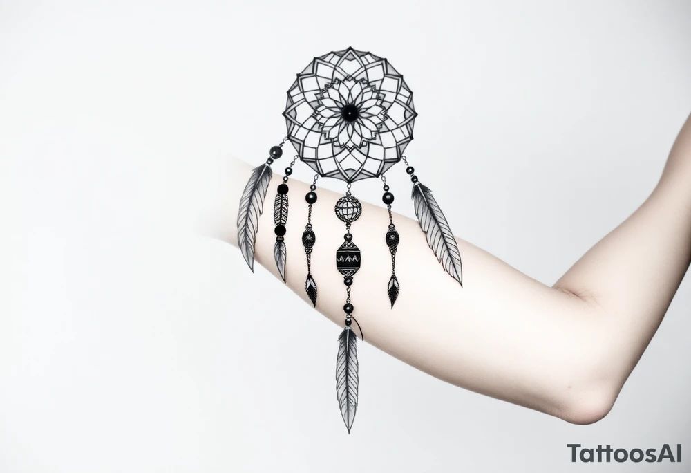 native dreamcatcher with flowing feathers and sacred beads tattoo idea