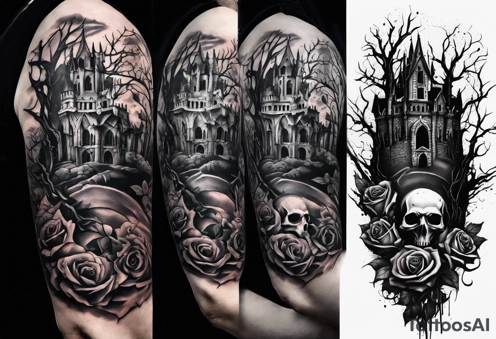 tattoo fool sleeve, destroyed dark gothic castle, tree roots break out of the chains, broken mask, roses tattoo idea