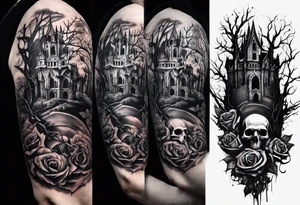 tattoo fool sleeve, destroyed dark gothic castle, tree roots break out of the chains, broken mask, roses tattoo idea