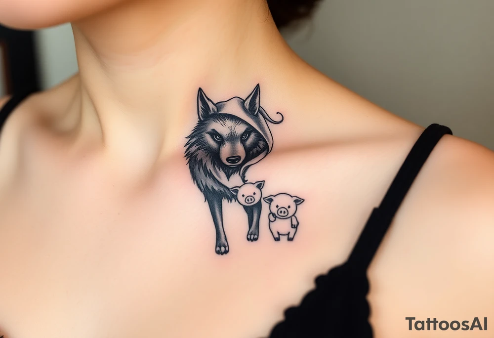 Big bad wolf nursery rhyme wearing a sheep costume with sheep head hood to kill and eat the three little pigs and little red riding hood tattoo idea