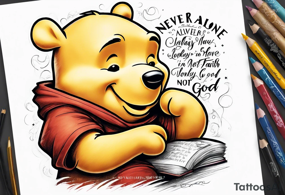 Winnie the Pooh with the words “ never alone always lonely, Always have faith but not in god” tattoo idea