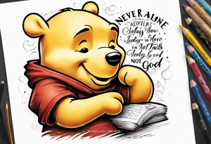 Winnie the Pooh with the words “ never alone always lonely, Always have faith but not in god” tattoo idea