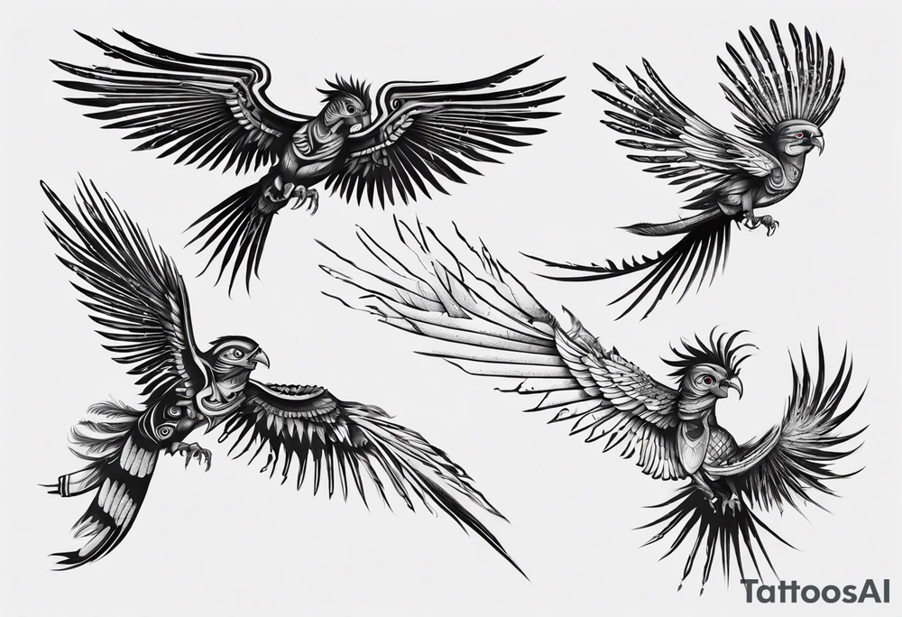 Cyberpunk Guatemalan Quetzal flying tattoo idea