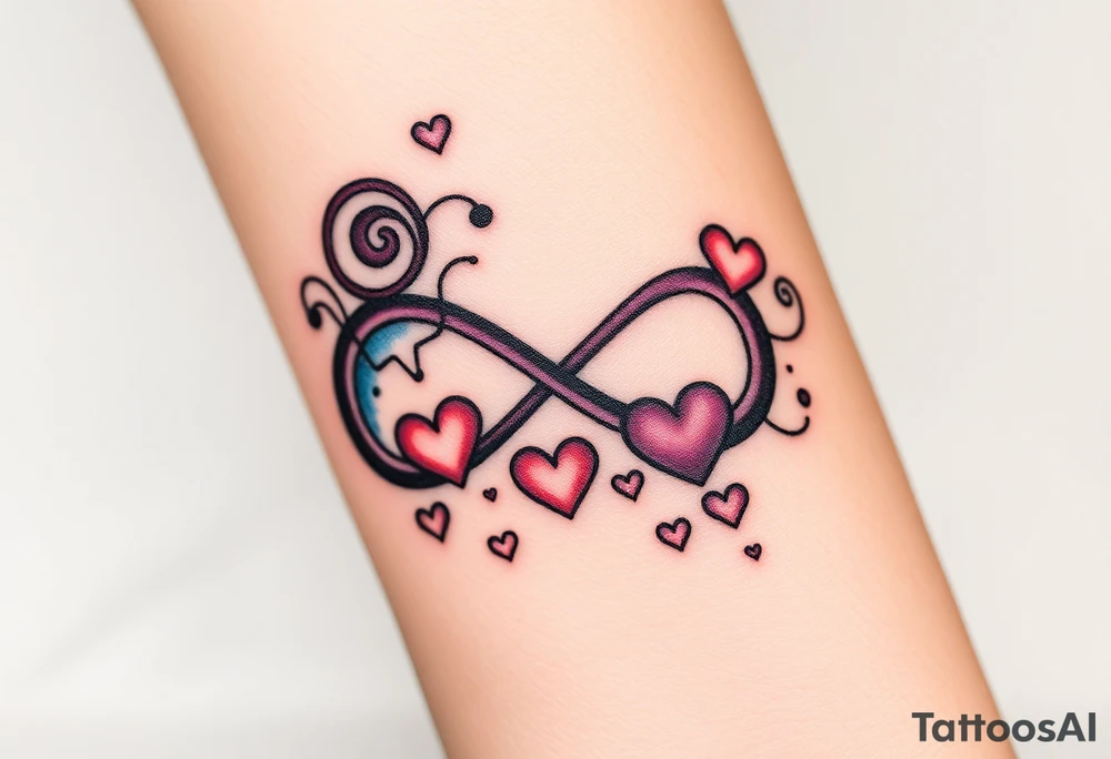 One fully depicted infinity symbol and swirling galaxy patterns and hearts tattoo idea