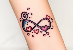 One fully depicted infinity symbol and swirling galaxy patterns and hearts tattoo idea