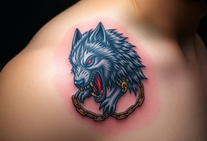 Fenrir, the monstrous wolf, breaking free from golden chains, his fur a mix of silver and deep shadowy black, eyes glowing blood-red tattoo idea