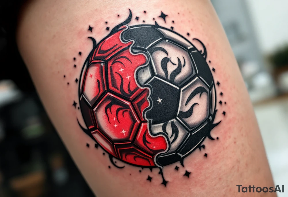 A modern soccer ball design with a minimalist red panel showing the club star. tattoo idea
