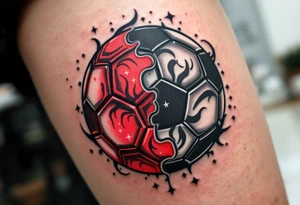 A modern soccer ball design with a minimalist red panel showing the club star. tattoo idea