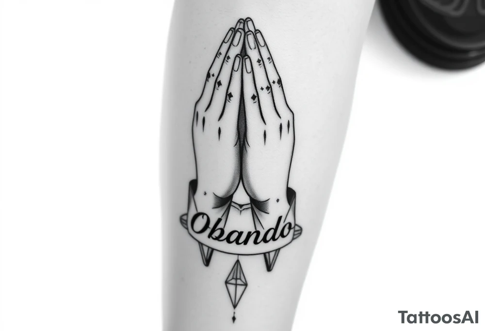 Prayer hands with Last Name Obando on calf tattoo idea