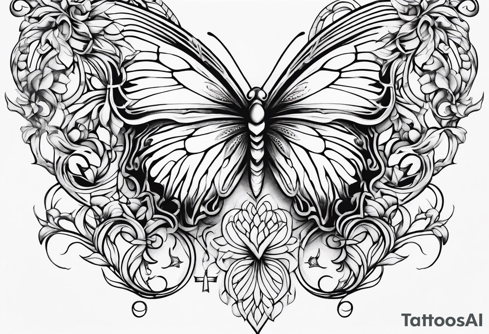444 tattoo intertwine with vines and a butterfly tattoo idea