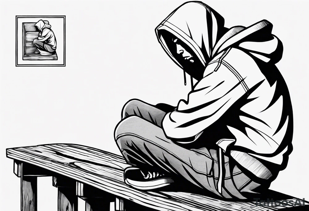 a guy in a hoodie sitting on a wooden box, looking down. Make it feel contemplative and realistic, as if you're viewing it from 10 meters away. tattoo idea