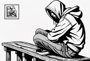 a guy in a hoodie sitting on a wooden box, looking down. Make it feel contemplative and realistic, as if you're viewing it from 10 meters away. tattoo idea