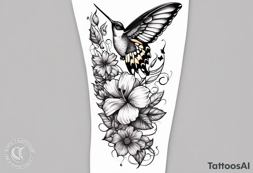 Leg sleeve that is a vine rapping around the leg with flowers and butterflies and  hummingbirds tattoo idea