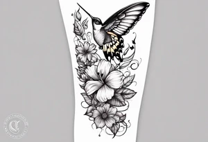 Leg sleeve that is a vine rapping around the leg with flowers and butterflies and  hummingbirds tattoo idea