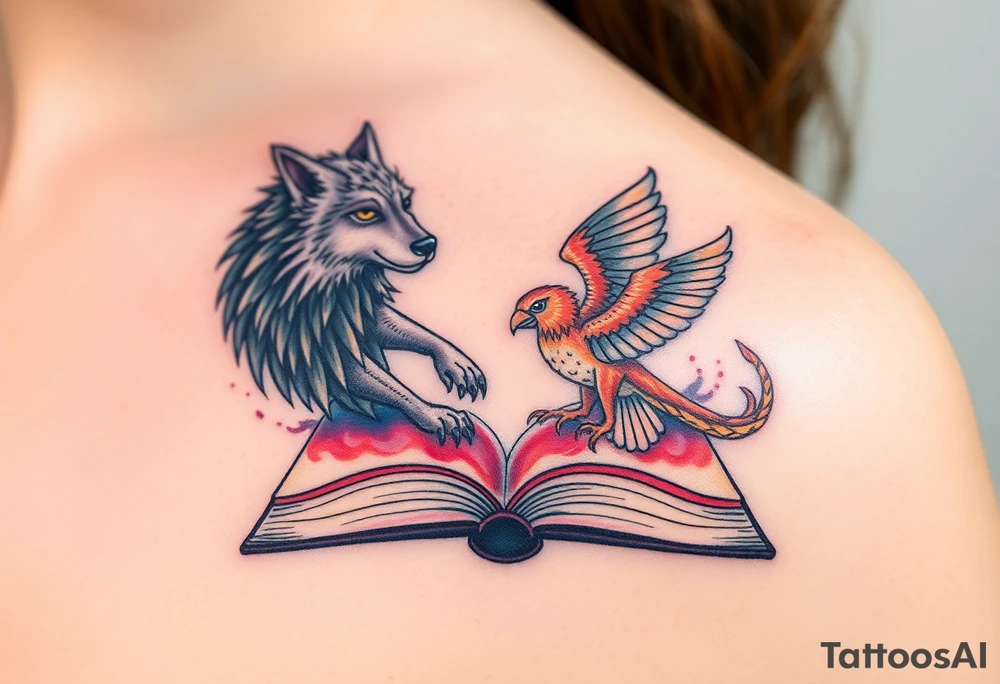 An open book with a werewolf, an owl & a dragon and a phoenix flying/running around the book tattoo idea