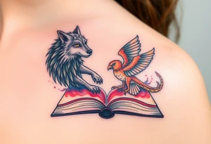 An open book with a werewolf, an owl & a dragon and a phoenix flying/running around the book tattoo idea