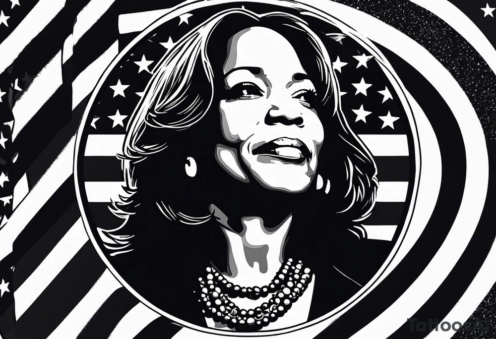 Kamala Harris, jackass, United States flag, circular motif, egg on face tattoo idea