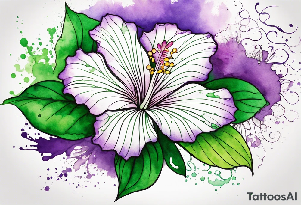 An outline of a green rio dipladenia flower and a purple watercolor splash in the background tattoo idea