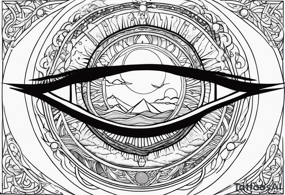 SUN(ITACHI EYE AS SUN) OVERLOOKING THE OCEAN WITH THE ORION CONSTELLATION IN THE SKY IN 9:16 RATIO tattoo idea