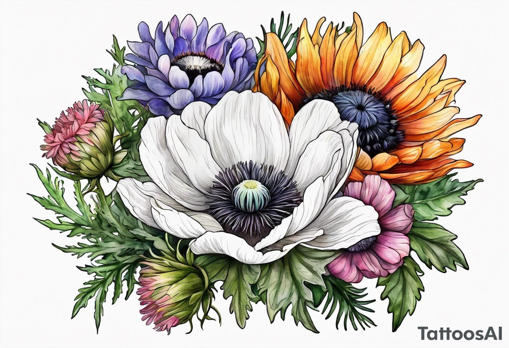 a white anemone with black center in the middle of equal sized mixed colorful wildflowers all with different shapes including thistles, ferns, ranuculus, and sun flowers all in watercolor tattoo idea